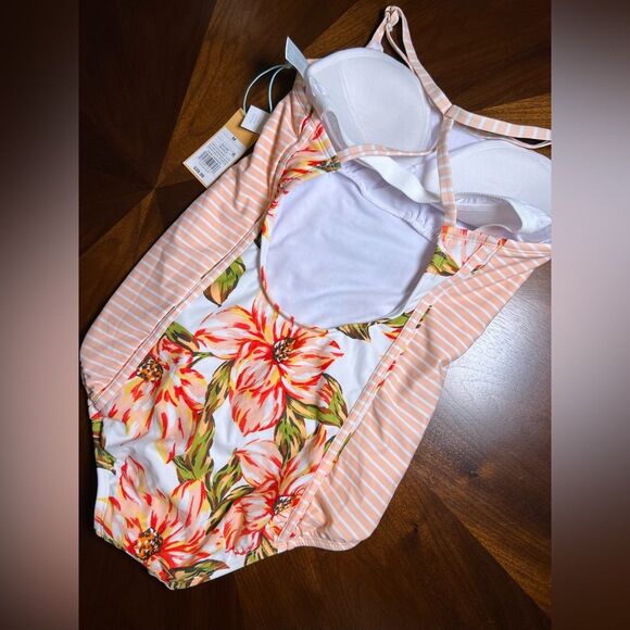 Kona Sol Striped & Floral Print Suit 🌺 Peach, white & green 🌺 size medium - Picture 3 of 10